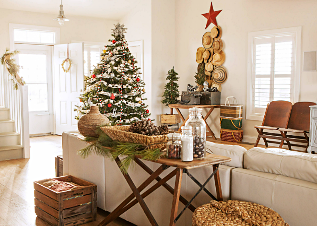 Farmhouse Christmas decorations in a white family room