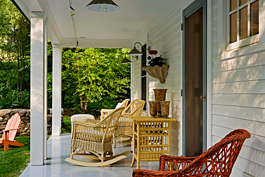 Back porch with colorful wicker furniture