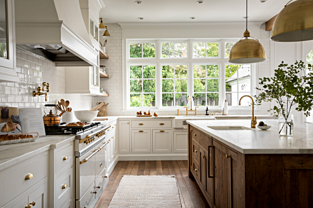 French country kitchen with white cabinets and gold hardware