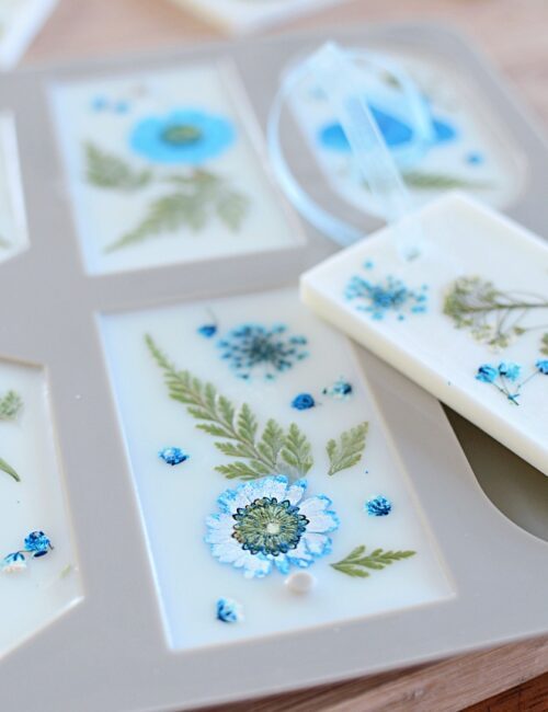 Pressed Flower Wax Sachets in blue tones