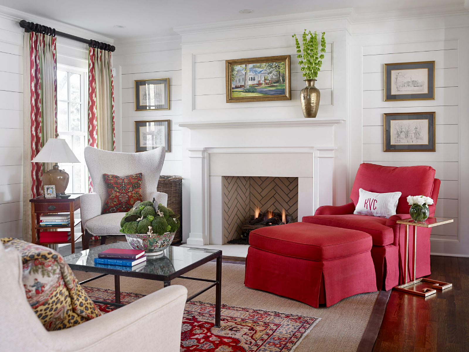 traditional living room, red furniture, fireplace