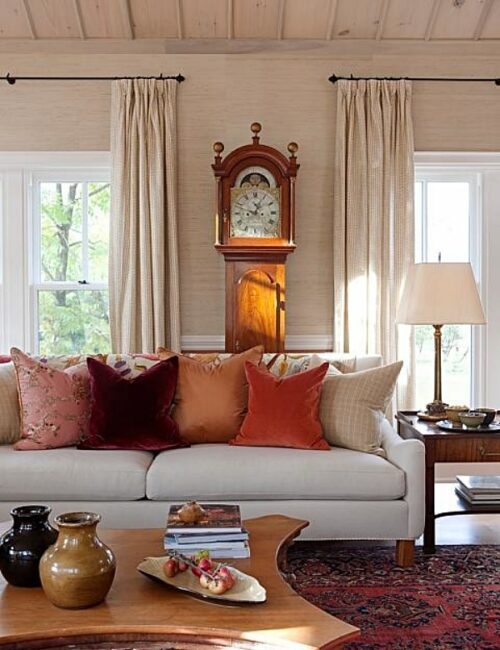 Eclectic living room in warm color palette
