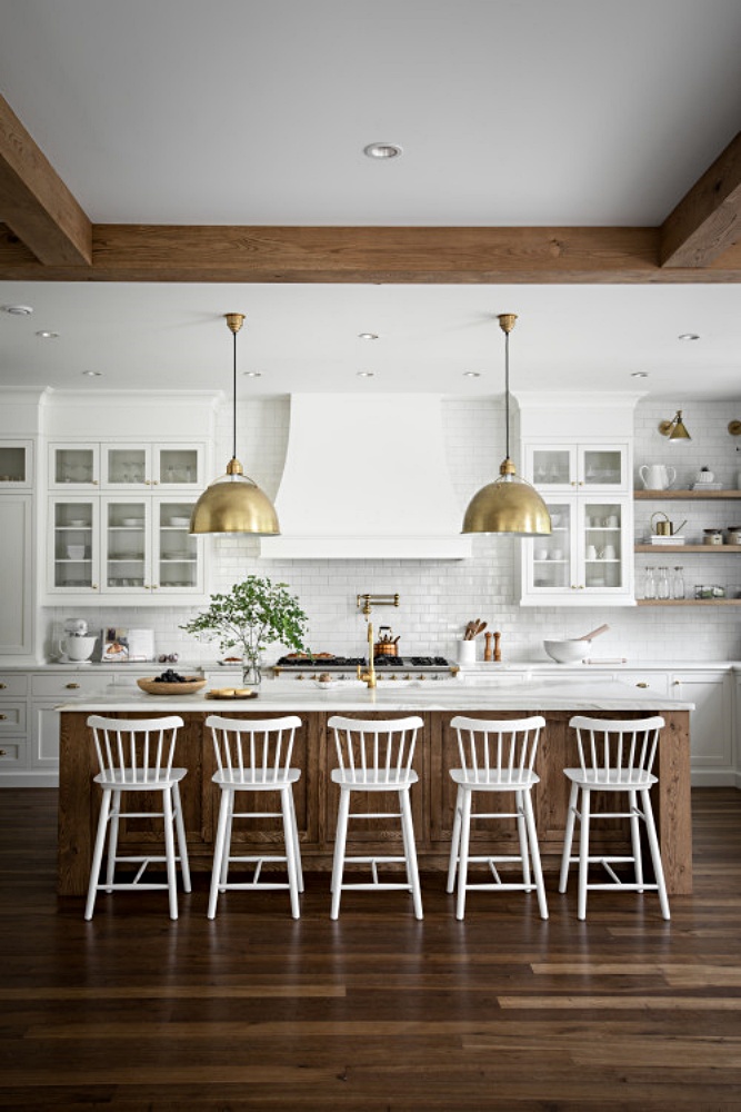 French country kitchen with large wood island 