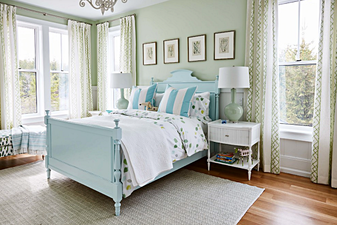 Pale blue and green cottage style bedroom