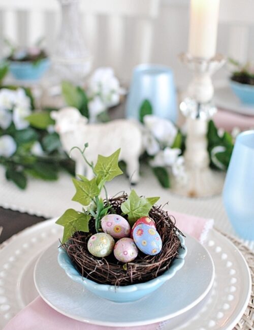 Easter table setting with bird nests