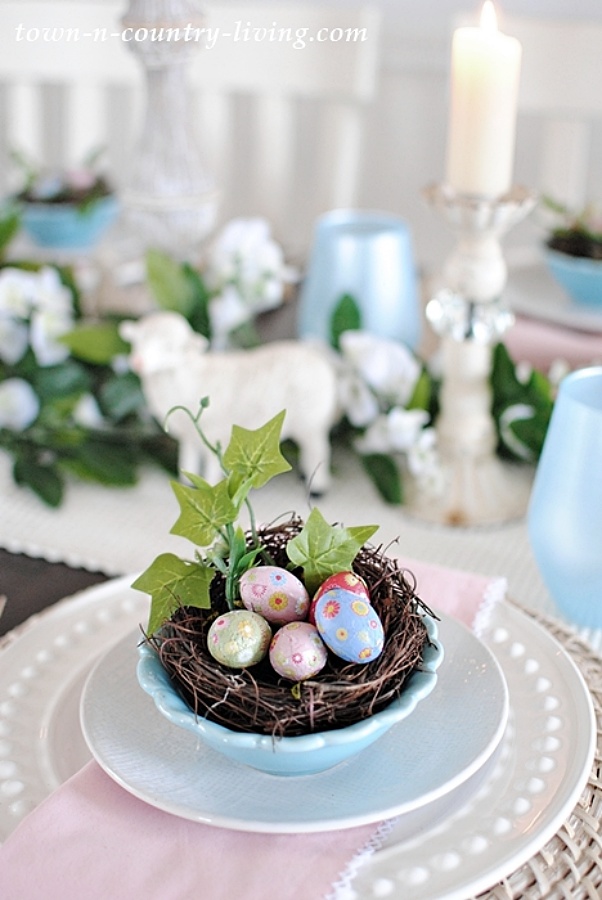 Easter table setting with bird nests