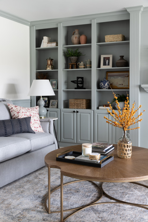 blue-gray built-in bookcase in living room