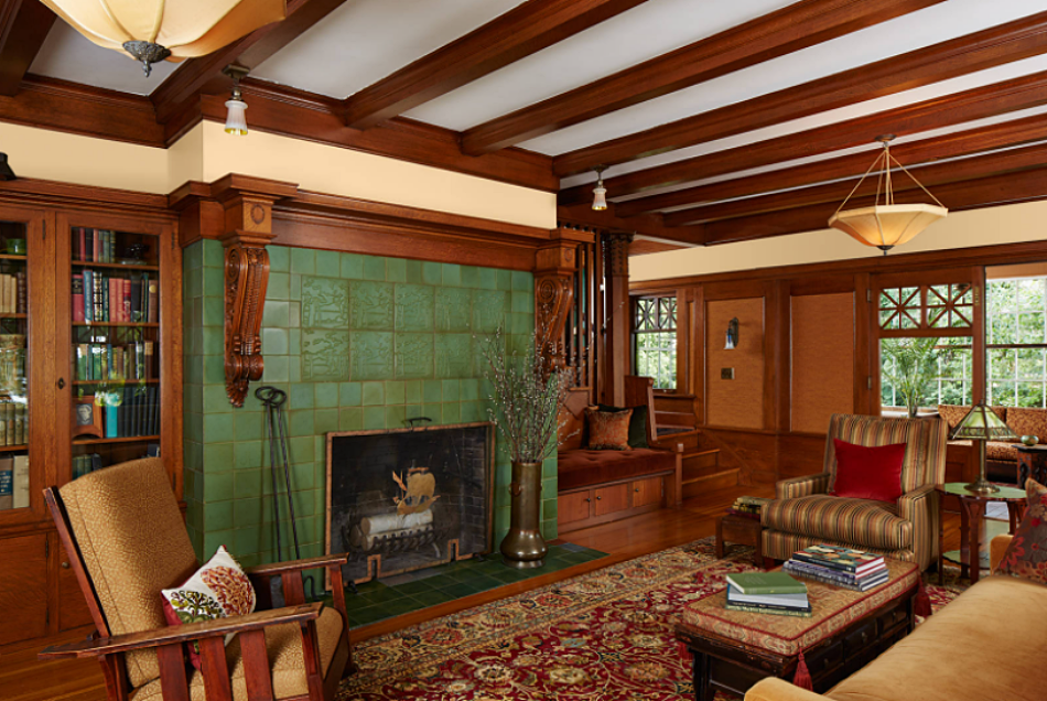 Craftsman Living Room with Green Tile Fireplace