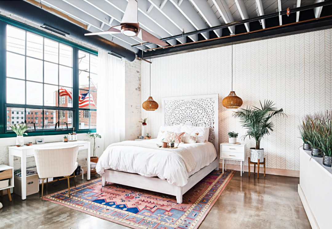 Bohemian style bedroom in a city loft apartment