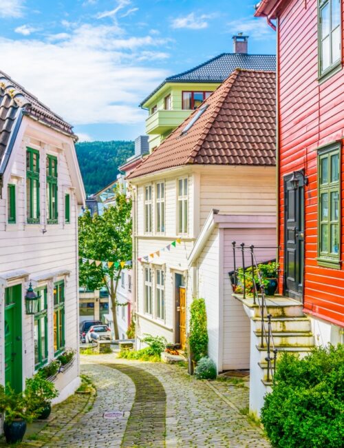 Street in Bergen with white wooden houses