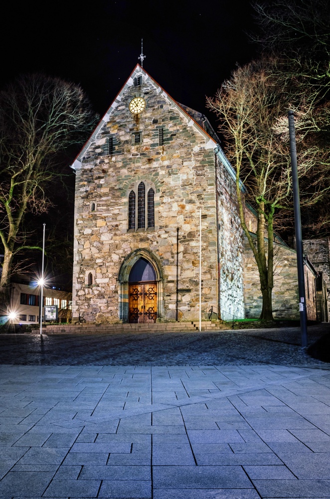 Stavanger Domkirke cathedral at night 