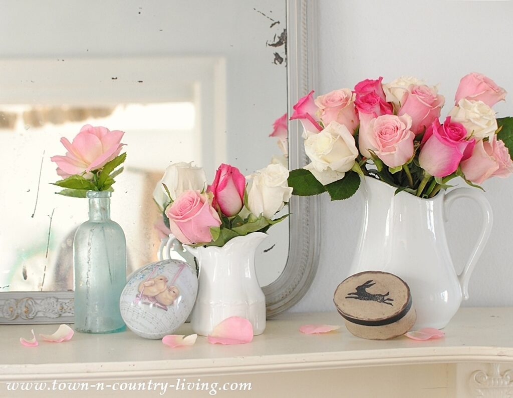 Vintage Spring Decor on a White Mantel at Easter