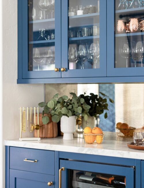 Blue Kitchen Cabinetry with Glass-Front doors