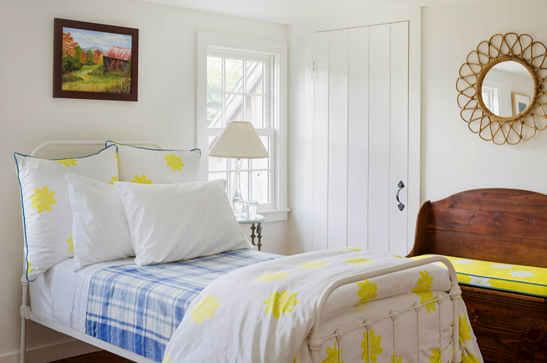 Yellow and blue farmhouse bedroom