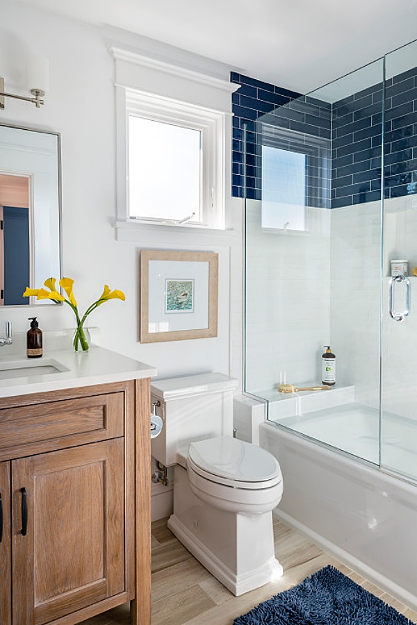 white and navy blue traditional bathroom