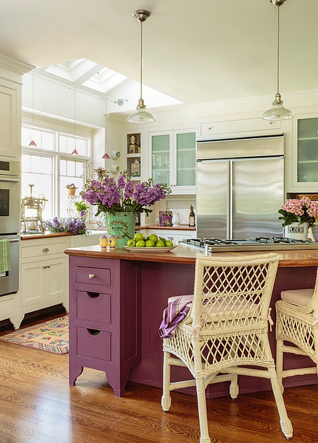 Colorful kitchen with purple island