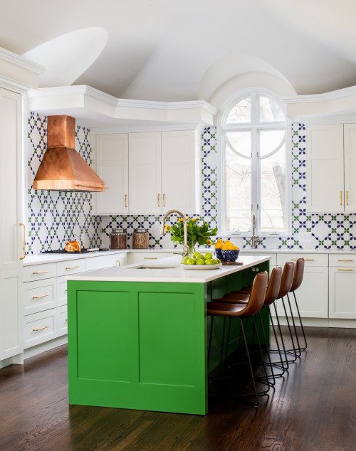 Swedish modern kitchen with bright spring green island