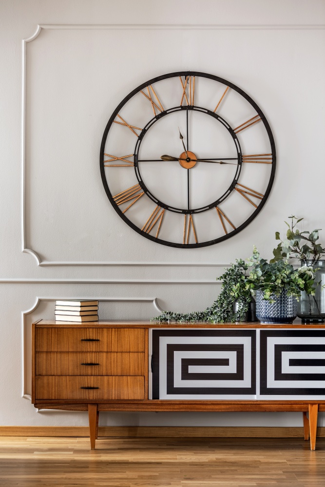 Mid-century modern living room with large wall clock