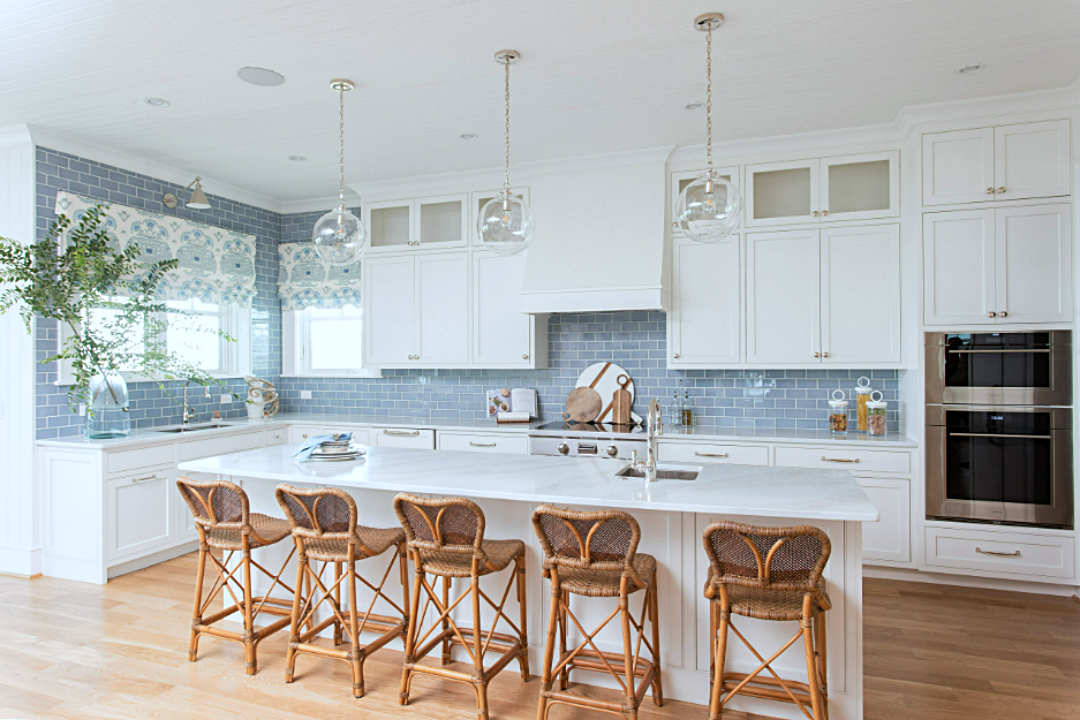 North Carolina beach house kitchen in blue and white