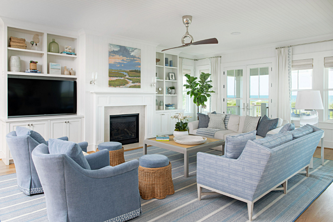 Coastal style living room in blue and white