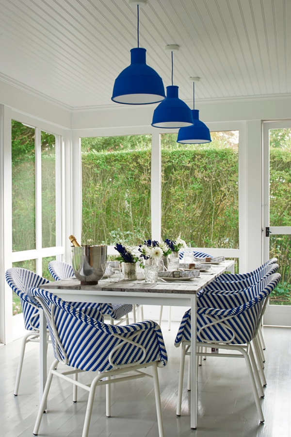 Blue and white retro dining in porch
