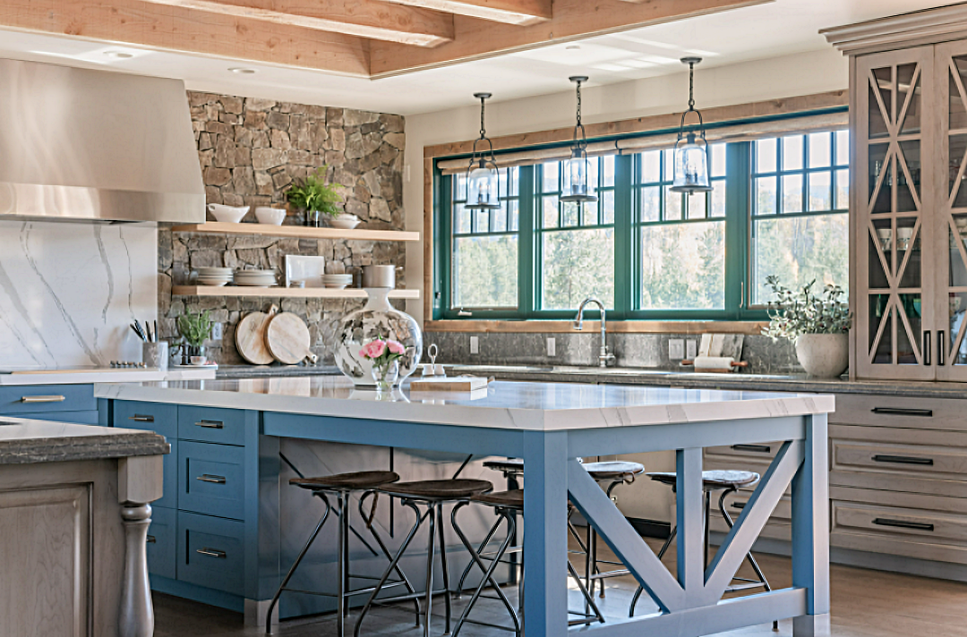 blue kitchen island in modern country cabin
