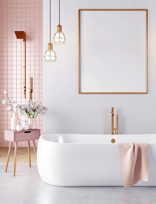 Pink tile bathroom with white tub