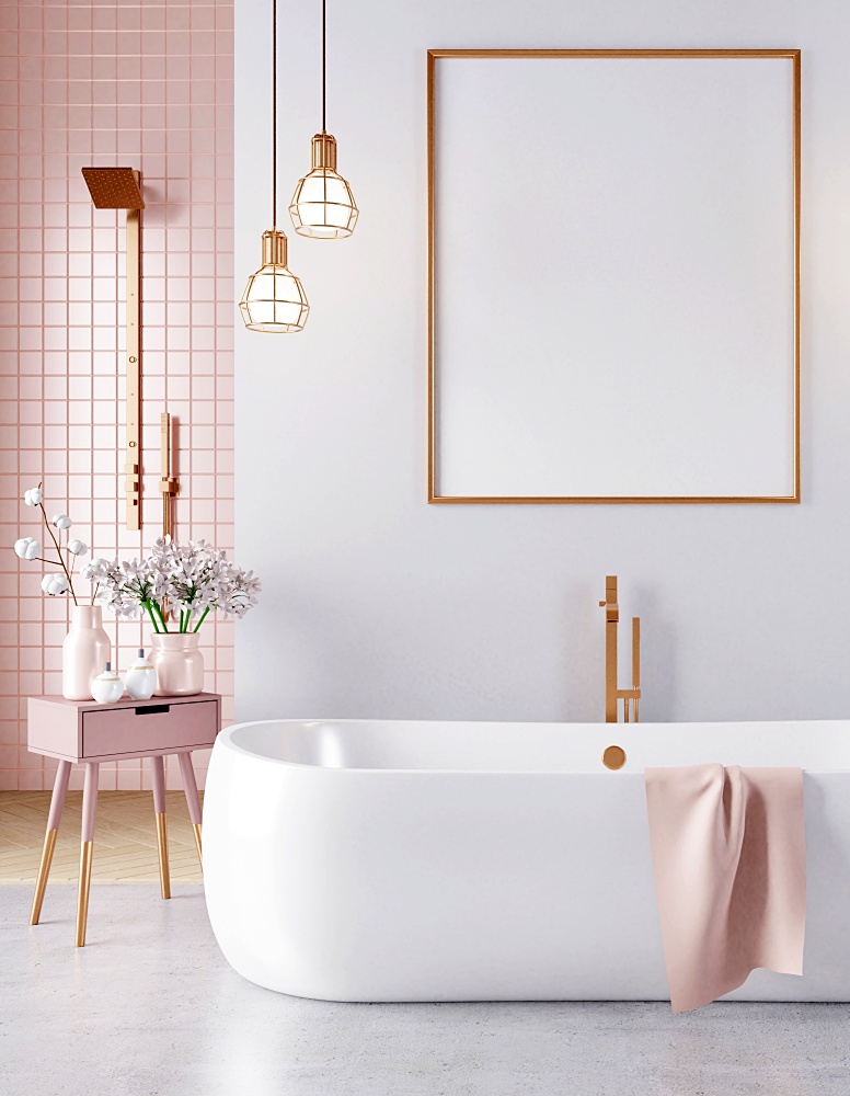 Pink tile bathroom with white tub