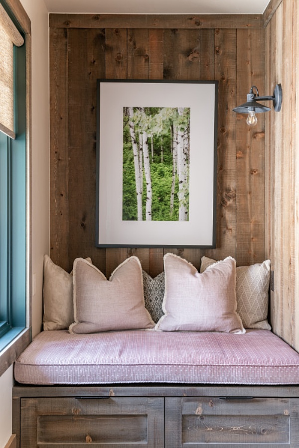 cozy window seat alcove in luxury cabin