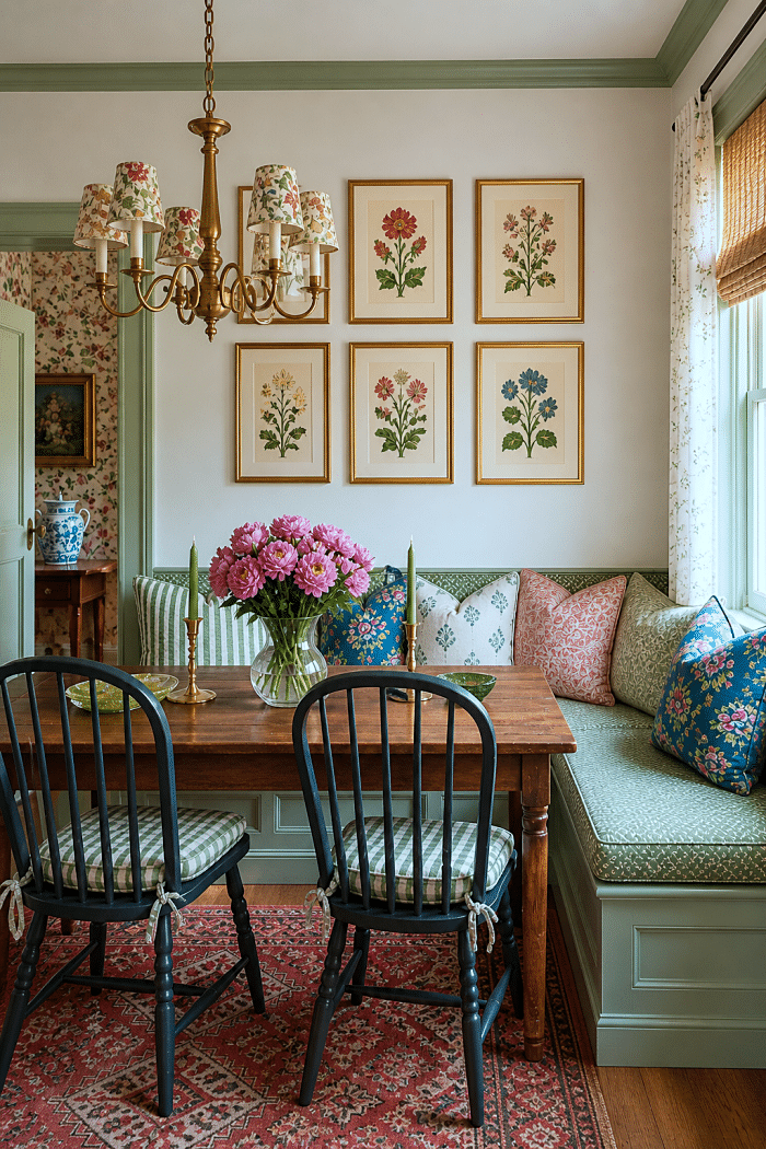 botanical prints in breakfast nook