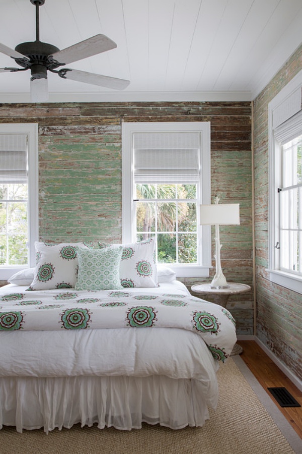 Island bedroom in pale green and white