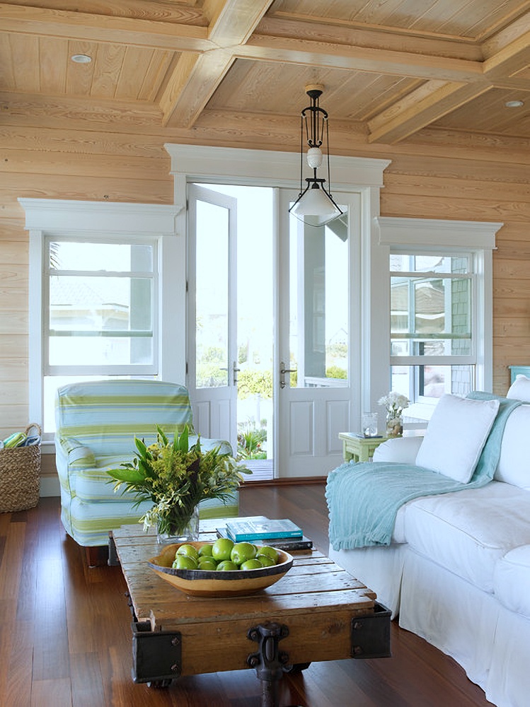 Casual beach cottage living room in blue, green, and white
