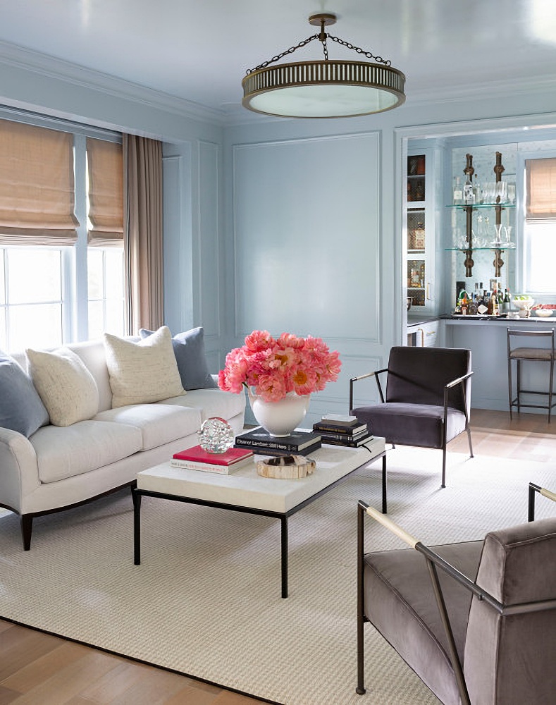 Traditional living room with pale blue walls