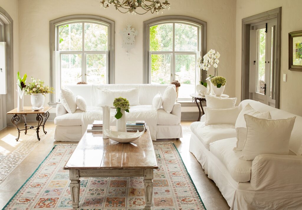 French country living room in muted colors
