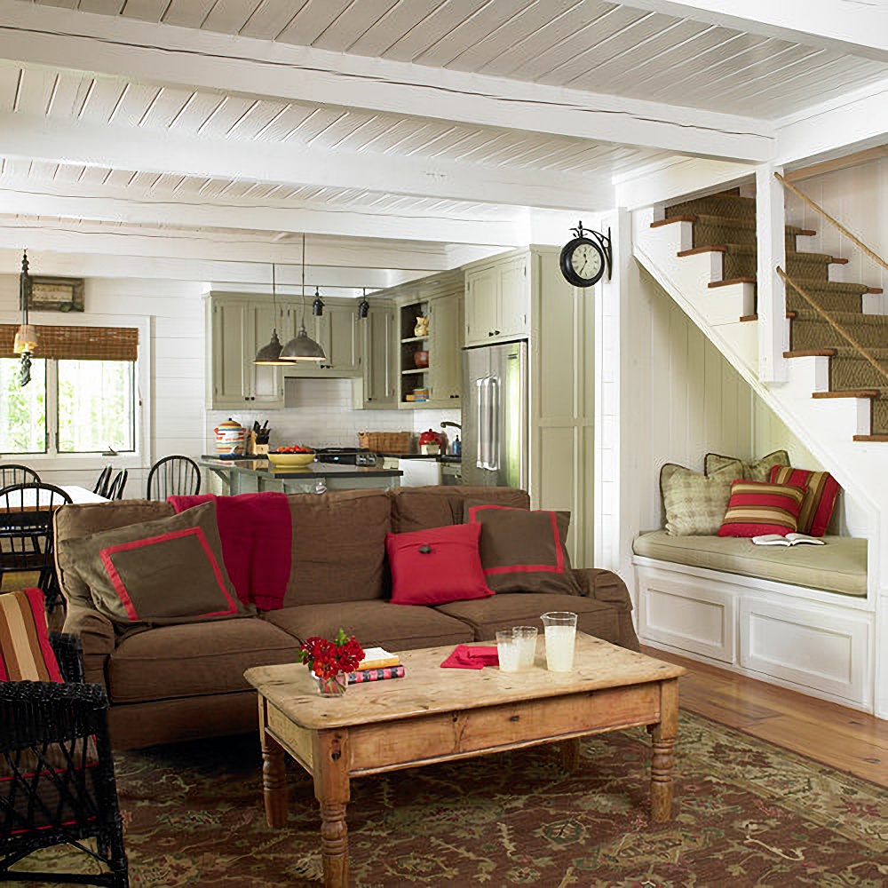 brown and red cabin style living room