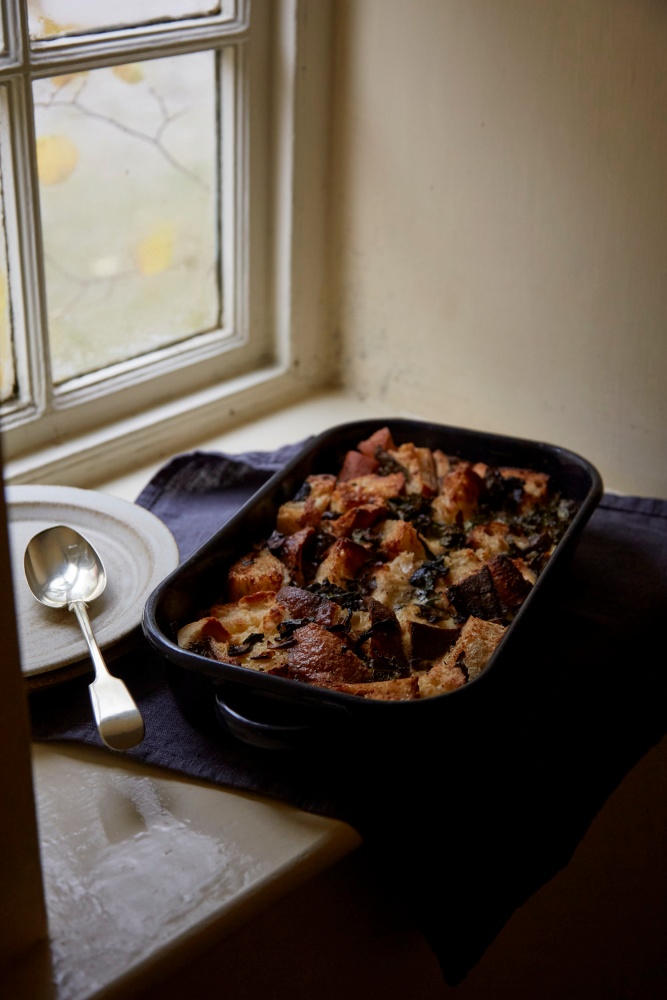 Mushroom, Kale, and Wild Garlic Bread and Butter Pudding