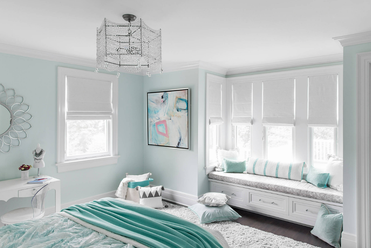white and aqua bedroom