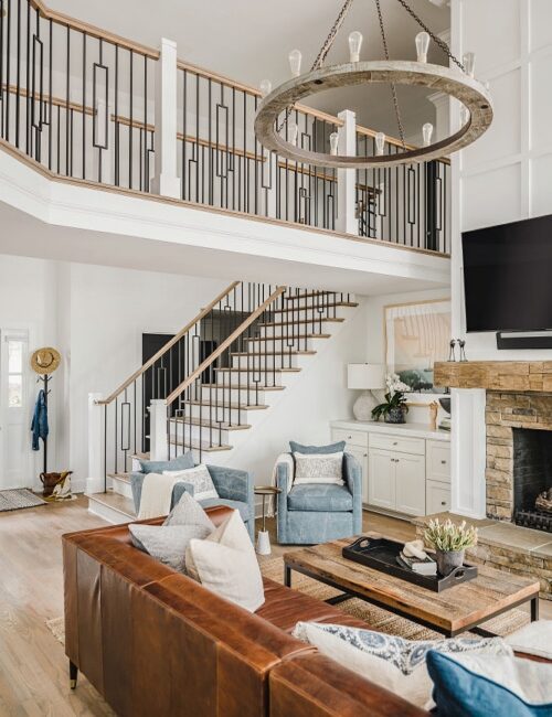 Modern transitional living room with staircase and catwalk