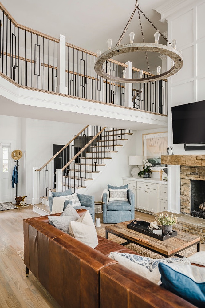 Modern transitional living room with staircase and catwalk