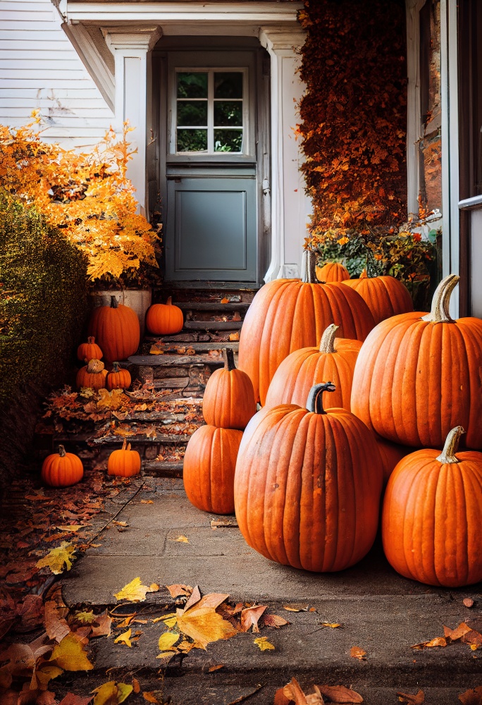 A collection of big pumpkins on a front porch - outdoor Halloween decorations