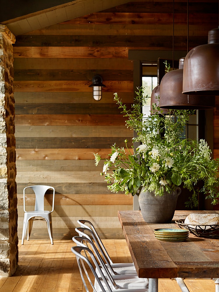 Rustic dining room with horizontal rough paneling