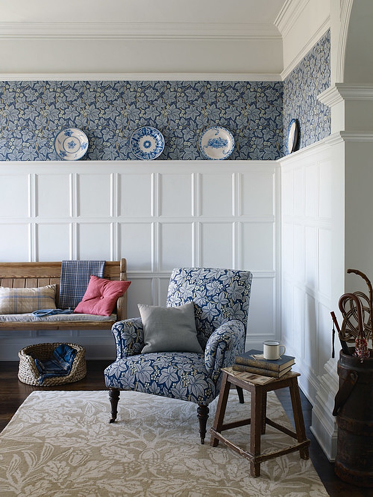 blue William Morris paper in a sitting room