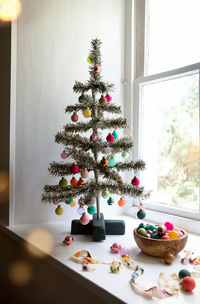 Tabletop Christmas tree with mini ornaments from Anthropologie