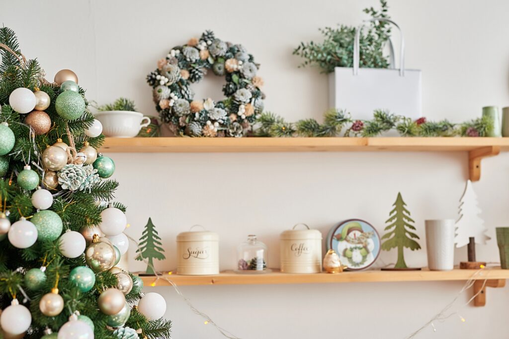 Pastel Christmas decorations on kitchen shelving