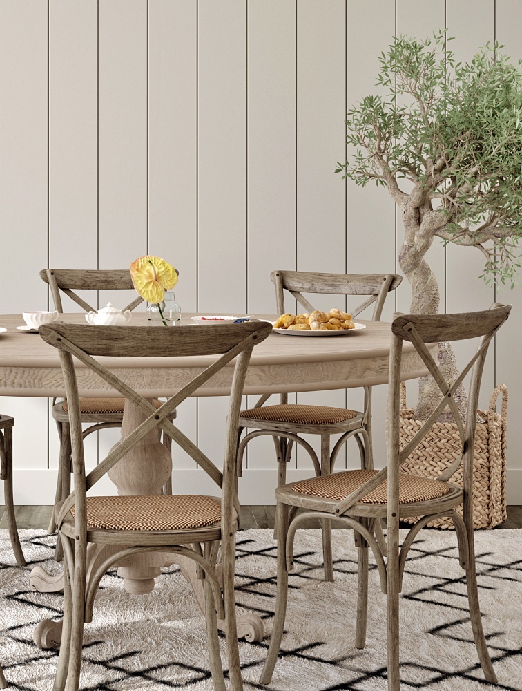 French country dining room with crossback chairs