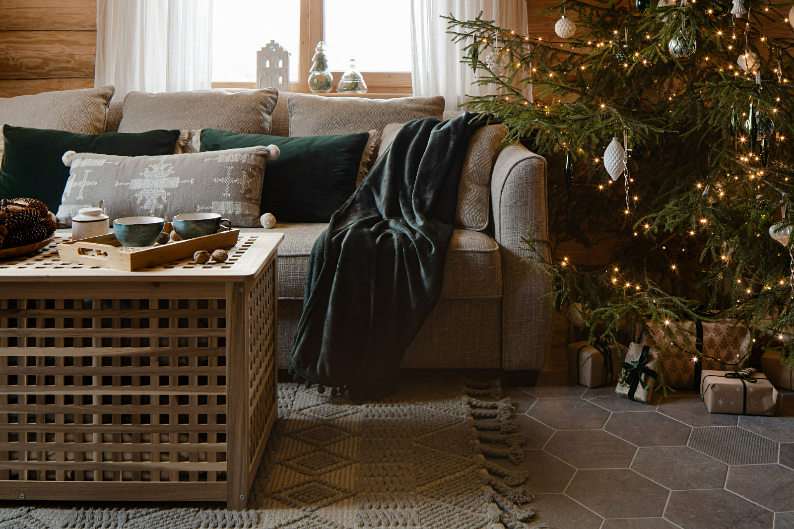Cozy cabin living room decorated for Christmas