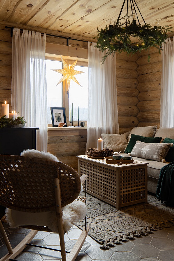 Cozy cabin living room decorated for Christmas