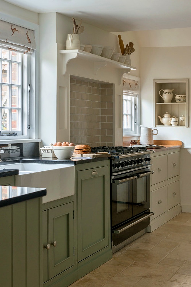 English kitchen with pale green cabinets