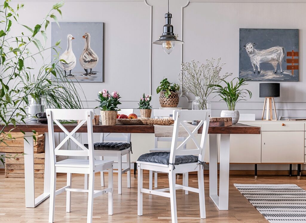 White cross back chairs in a farmhouse dining room