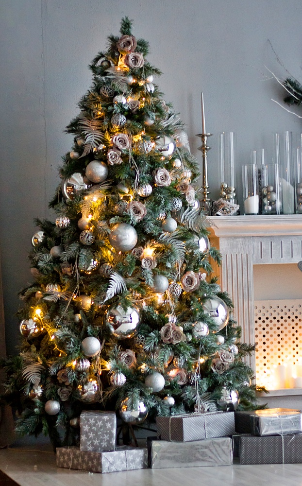 Tree decorated with metallic Christmas ornaments